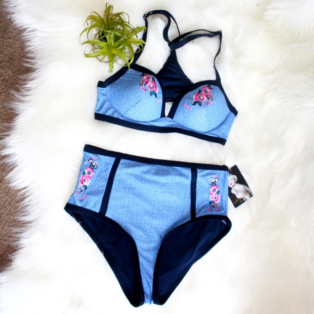 NWT High Waisted Chambray Denim Applique Swimsuit - Picture 8 of 8